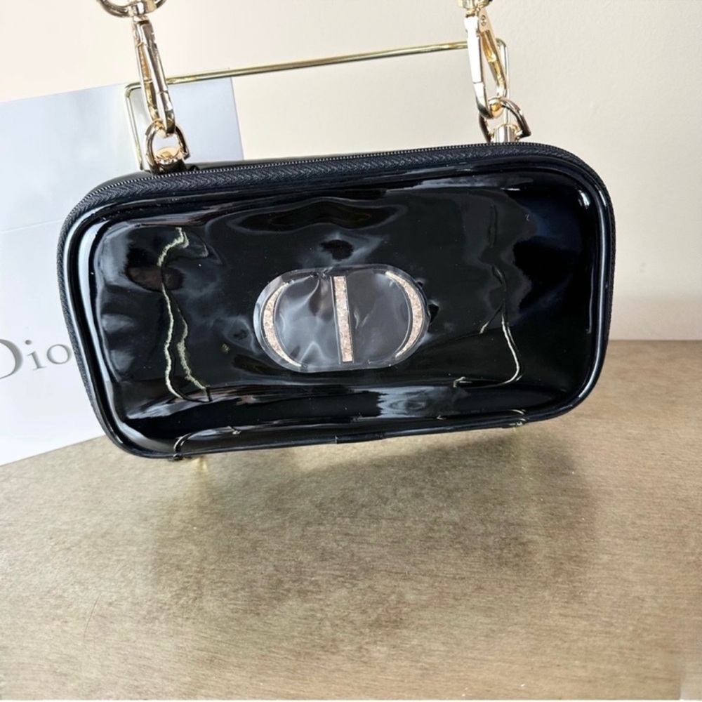 New Dior Upcycled Patent Cosmetic Bag Crossbody Black CD Logo Gold Hardware - Picture 3 of 12